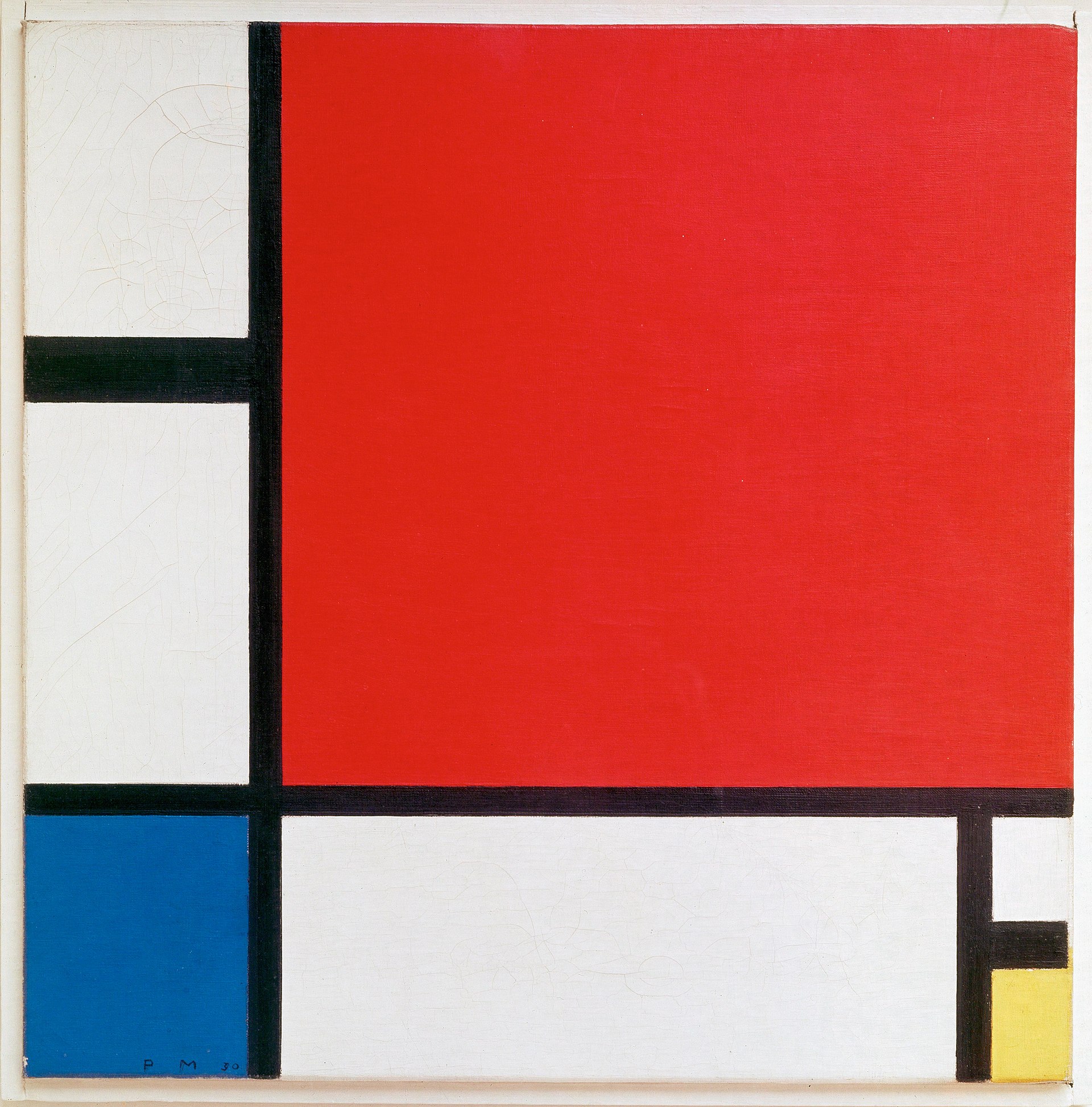 a grid composition using primary colors a giant red square with black border dominates the top right corner, a saturated deep blue takes up the smaller diagonal while a small yellow square takes bottom right with the rest being whitespace and black borders within a grid